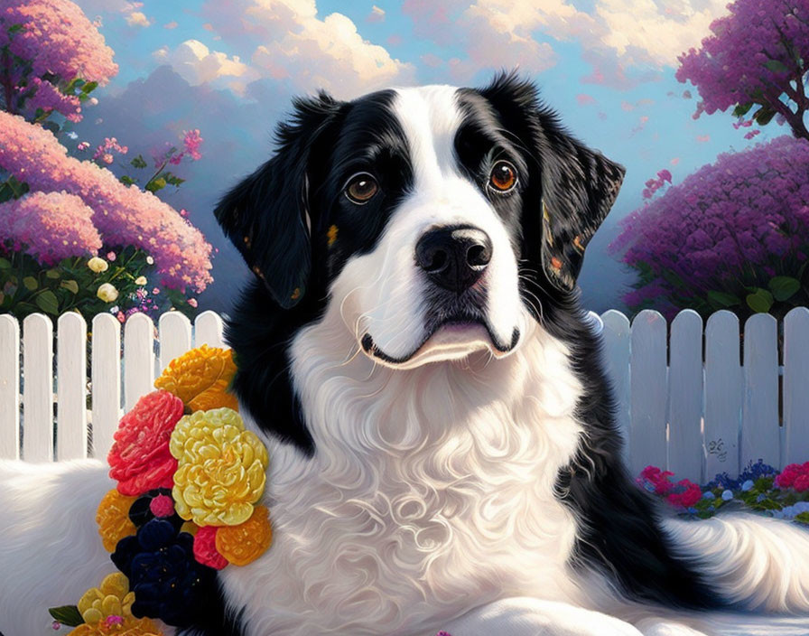 Black and white dog with flower garland by white picket fence