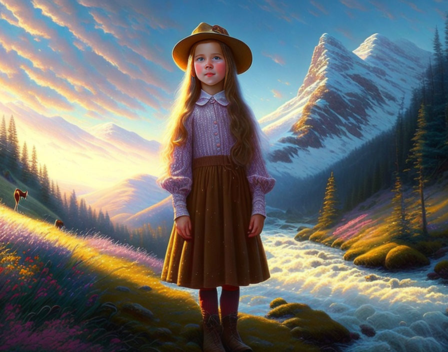 Young girl in hat in picturesque mountain landscape with wildflowers and snowy peaks at sunrise