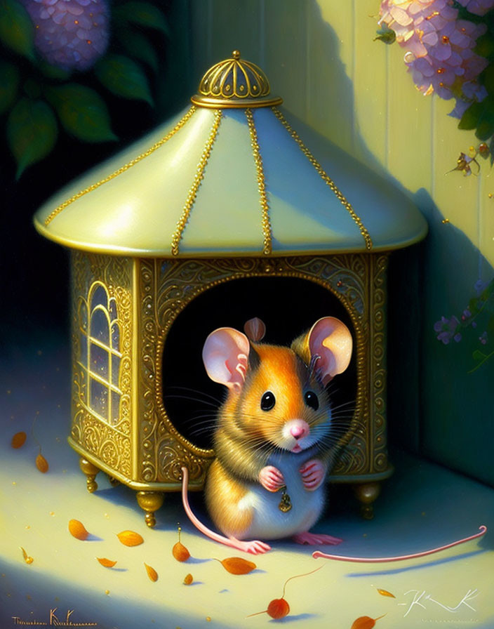 Brown and white fur mouse near golden birdcage with fallen petals