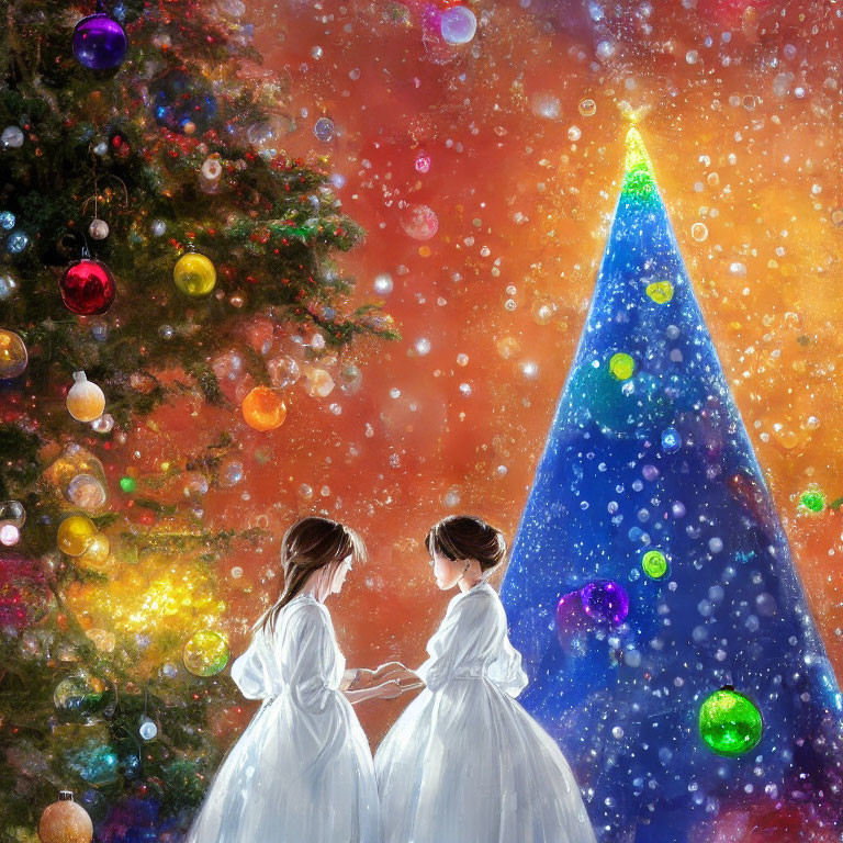 Two girls in white dresses holding hands near vibrant Christmas trees under a sparkling sky