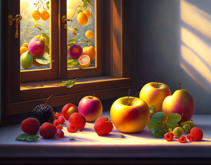 Natural light illuminates ripe apples, berries, and leaves on wooden ledge.