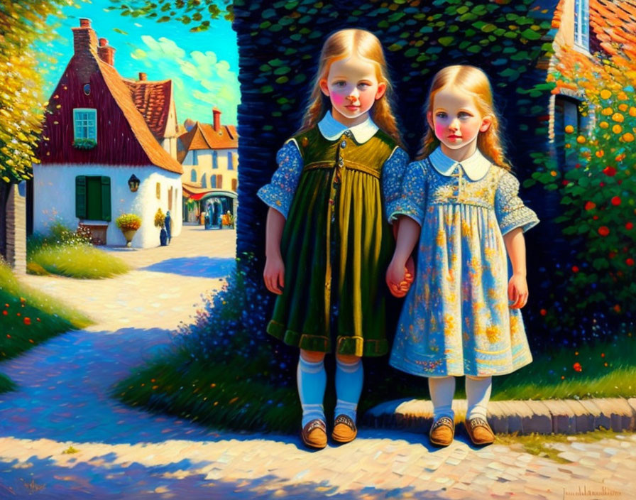 Vintage dresses: Two girls holding hands in sunny village street