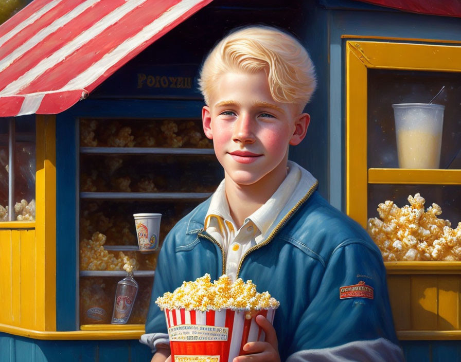 Blonde-haired boy with popcorn cup at red and white popcorn kiosk