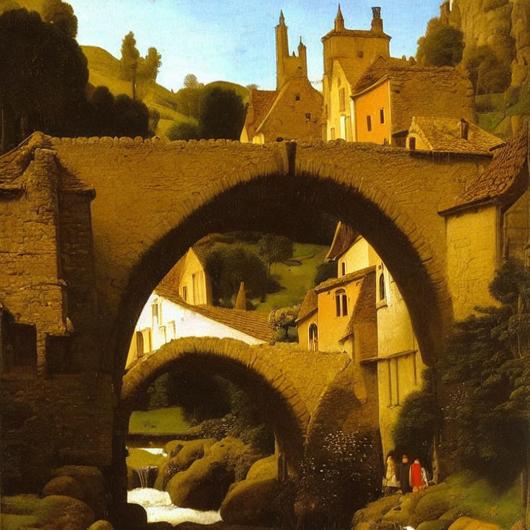 Tranquil village scene with stone bridge and lush hills