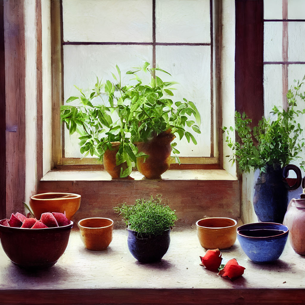 Rustic windowsill with plants, pottery bowls, blue pitcher; sunlight illuminates strawberries and herbs