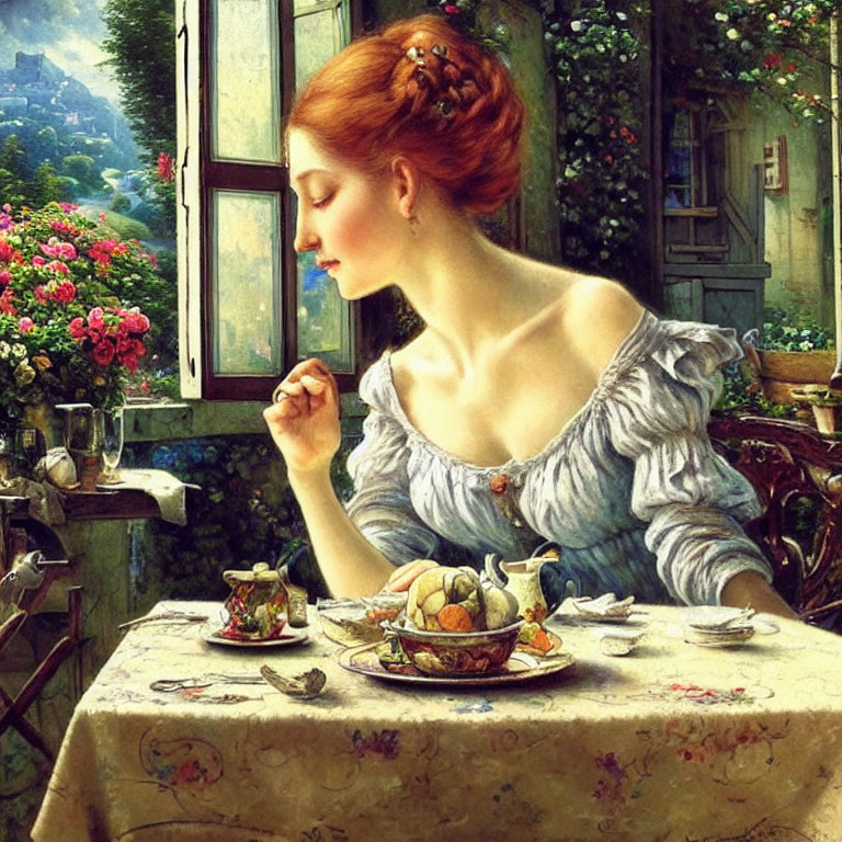 Red-haired woman sitting by window in tranquil setting with food and flowers.