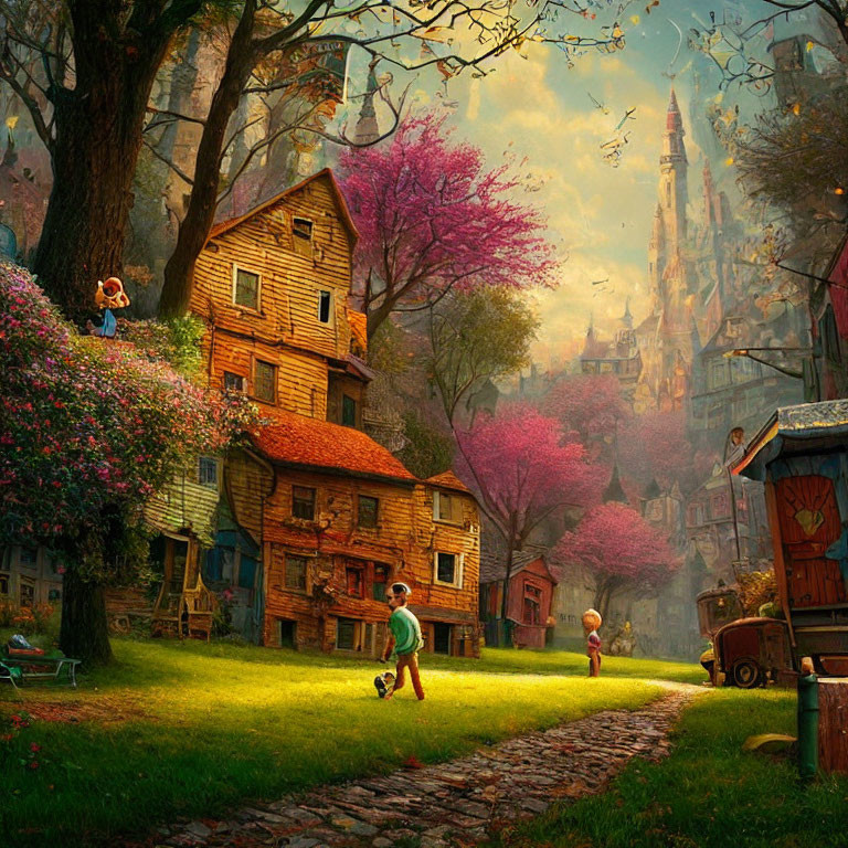 Children playing near old houses and a castle in a magical setting.