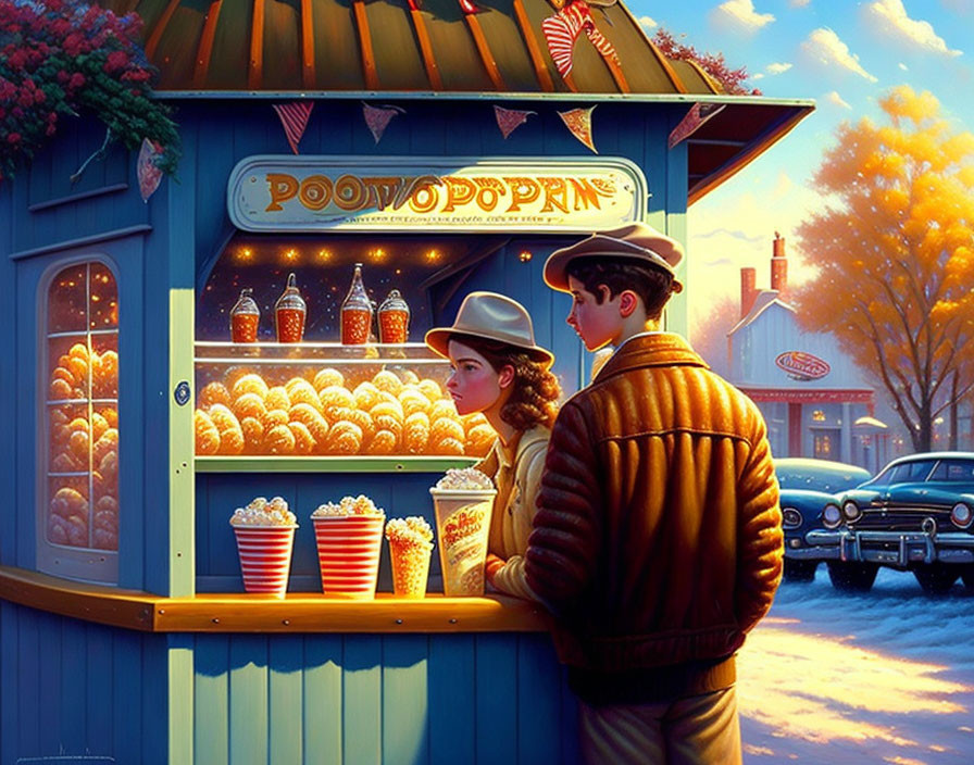 Illustration of young couple at colorful popcorn stand at twilight