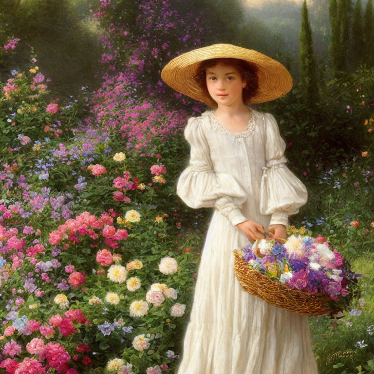 Young girl in white dress and straw hat holding basket of colorful flowers in vibrant garden.