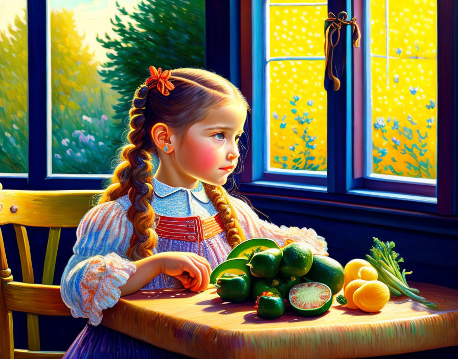 Young girl with braided hair sitting by window with fresh vegetables and fruit on table in warm sunlight