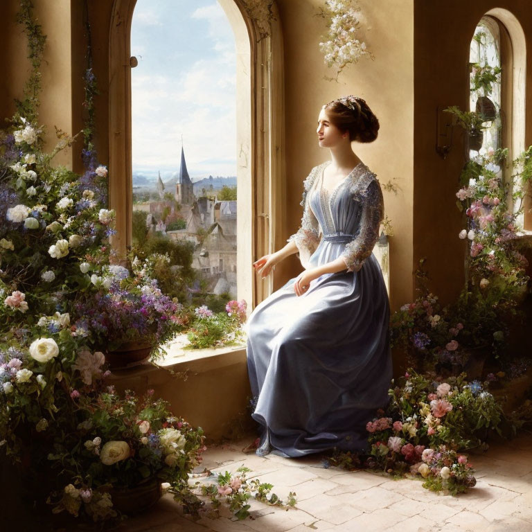 Woman in Vintage Blue Dress by Arched Window Surrounded by Flowers and Historic Village