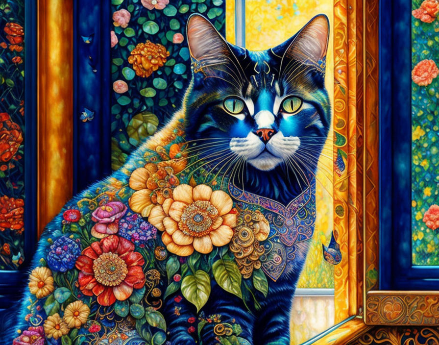 Colorful Cat Illustration with Floral Patterns and Stained-Glass Windows