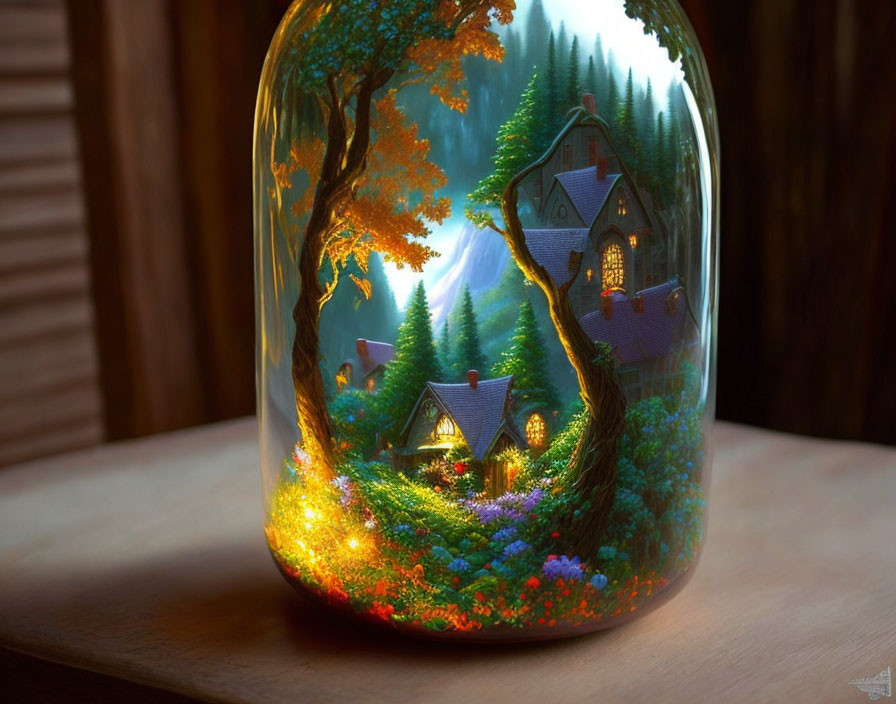 Whimsical miniature landscape with glowing houses in glass jar