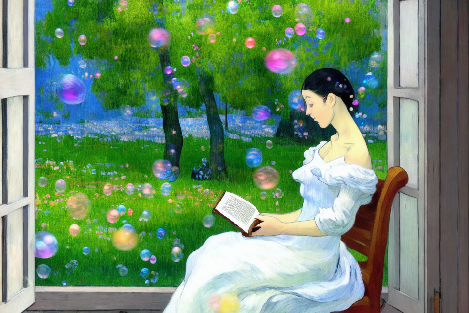 Serene woman in white dress reading by open window with vibrant landscape view