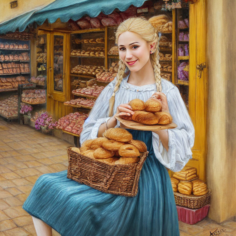 Traditional Attire Woman with Braided Hair Holding Bread Basket Outside Bakery