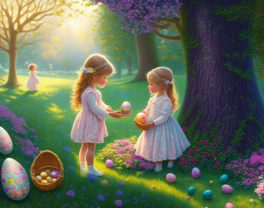 Children in dresses exchange decorated egg in sunlit forest clearing