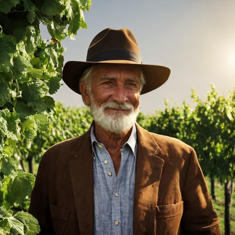 Elderly Man in Brown Hat and Jacket Smiling in Vineyard