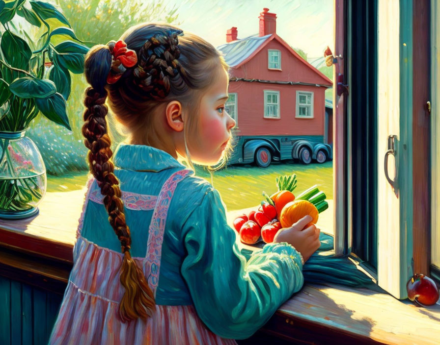 Young girl with braid holding flowers by window with warm light and red house