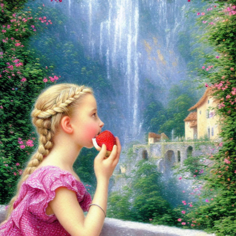 Young girl with braided hair eating strawberry near waterfall and house