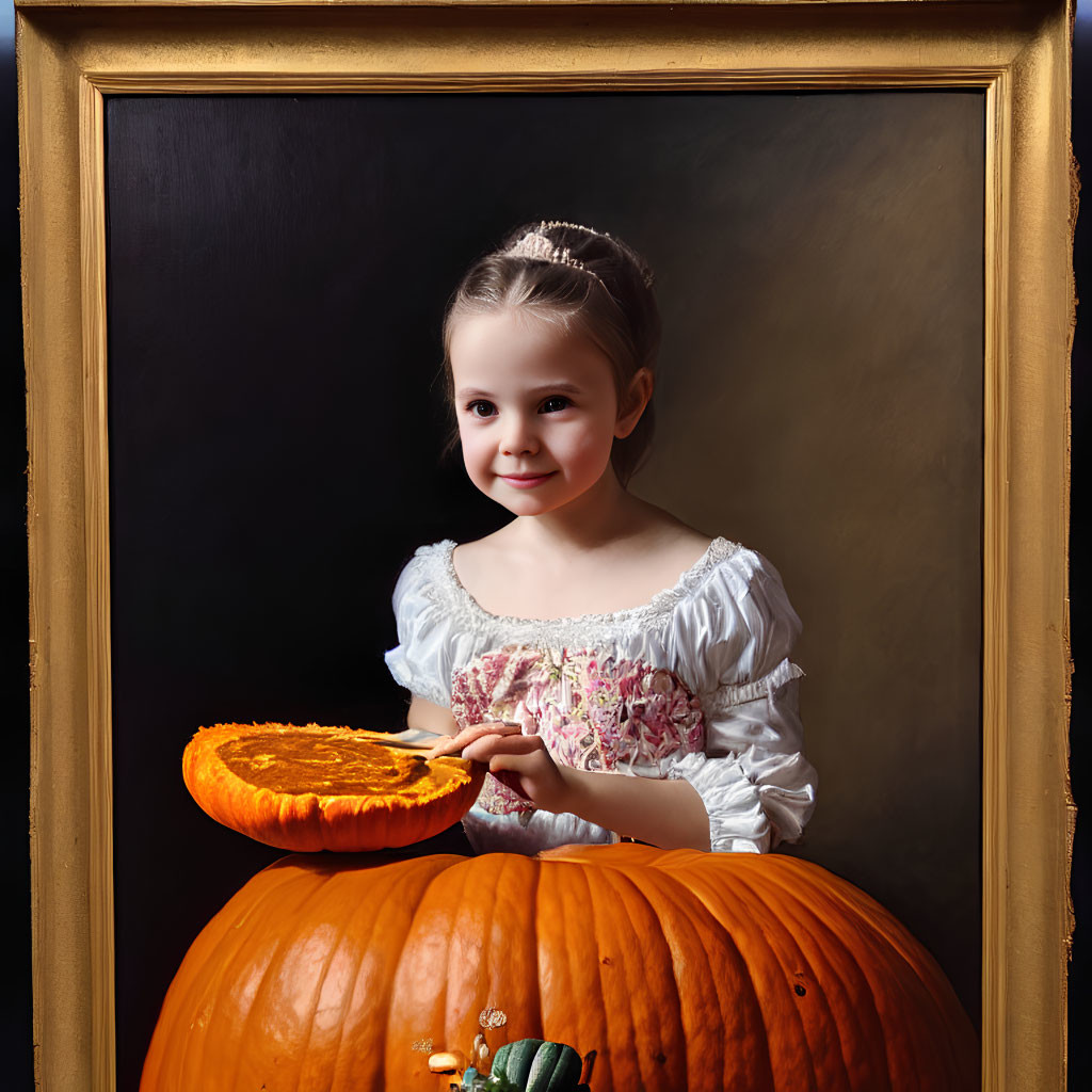 Young girl with tiara holding pumpkin pie near large pumpkins