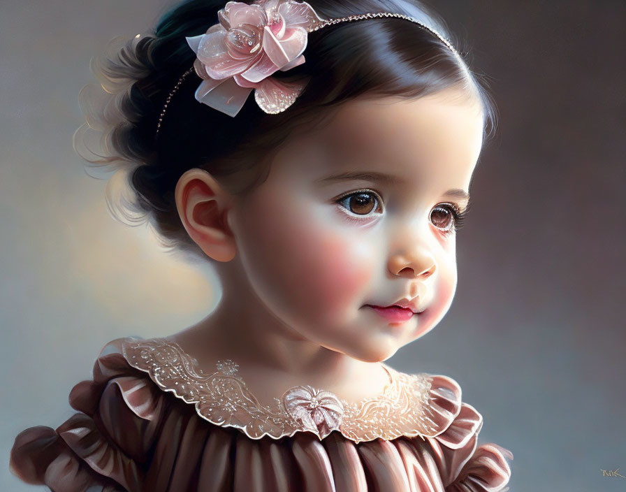 Detailed Digital Painting of Young Girl with Pink Flower Headband