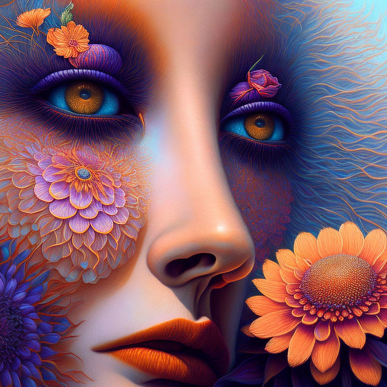 Colorful Face Artwork with Blue Eyes and Floral Patterns in Orange, Blue, and Violet