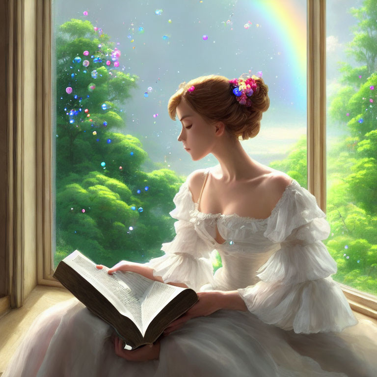 Woman in white dress reads book by window overlooking lush forest with colorful lights and rainbow.