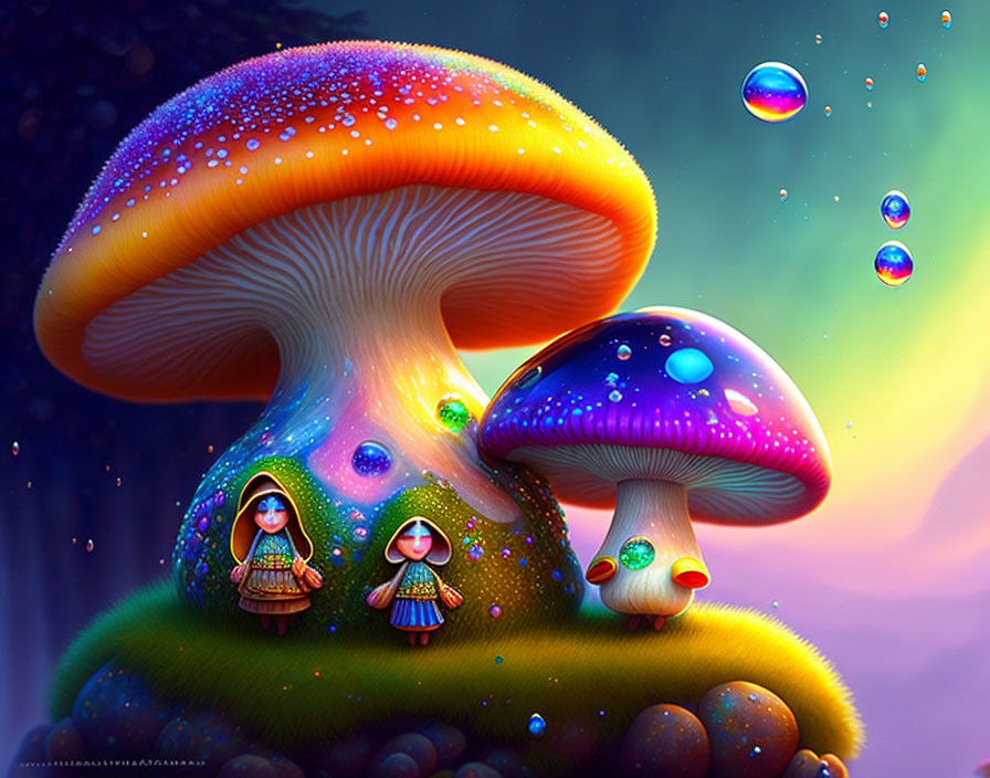 Vibrant fantasy mushrooms with small female figures in dreamlike forest