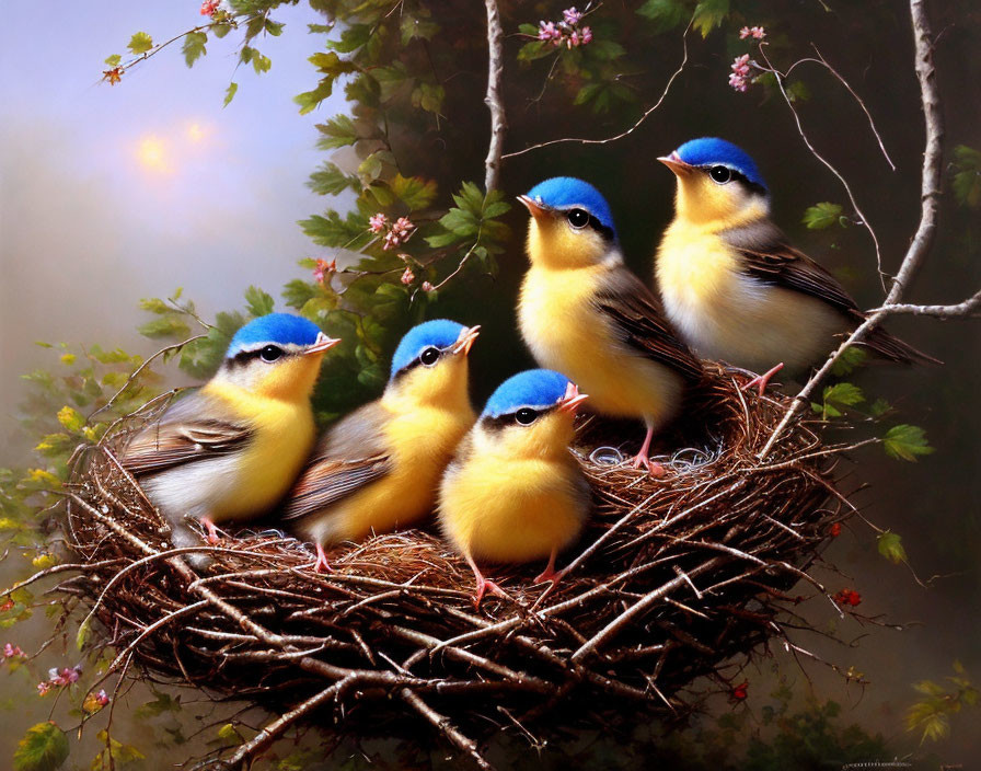 Five Baby Birds in Colorful Nest on Branches with Soft Forest Background