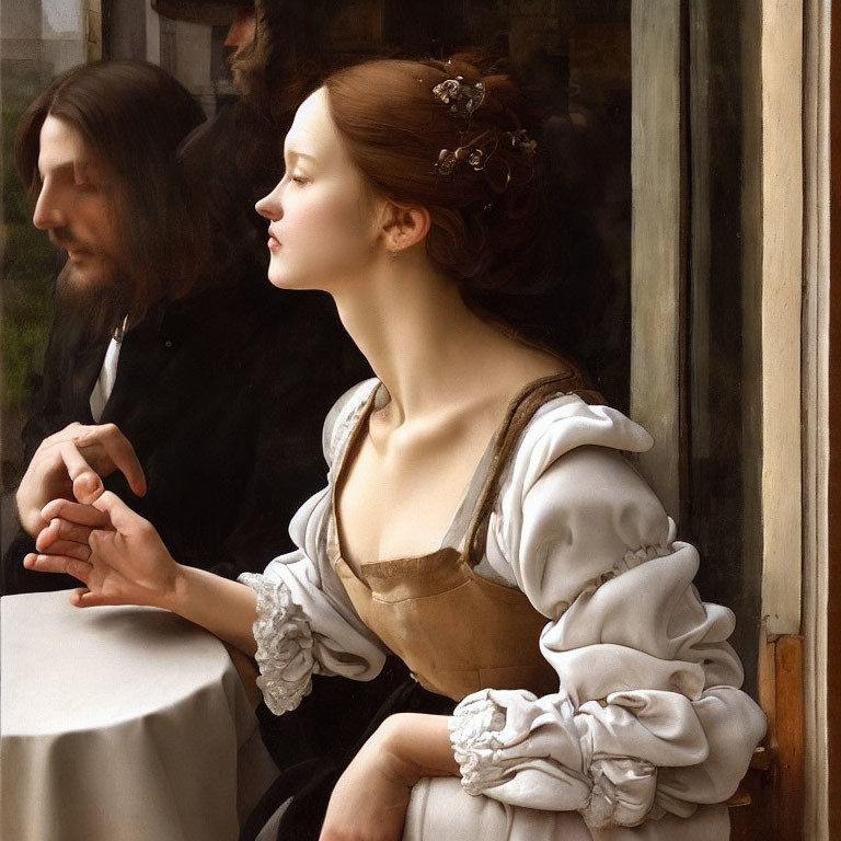 Renaissance woman in dress with man's reflection in window