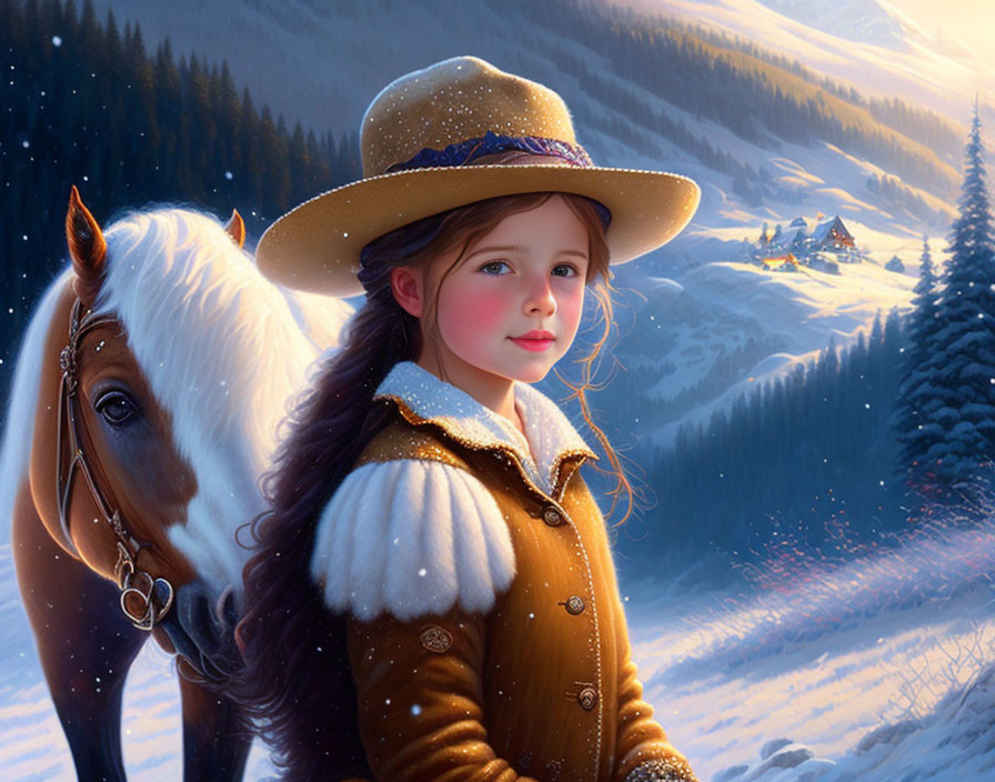 Young girl in warm coat and hat with horse in snowy mountain landscape