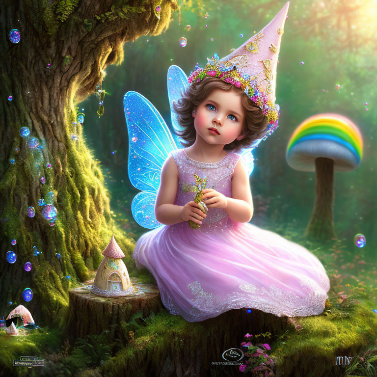 Illustration of fairy child with blue wings and pink dress by tree with bubbles and rainbow