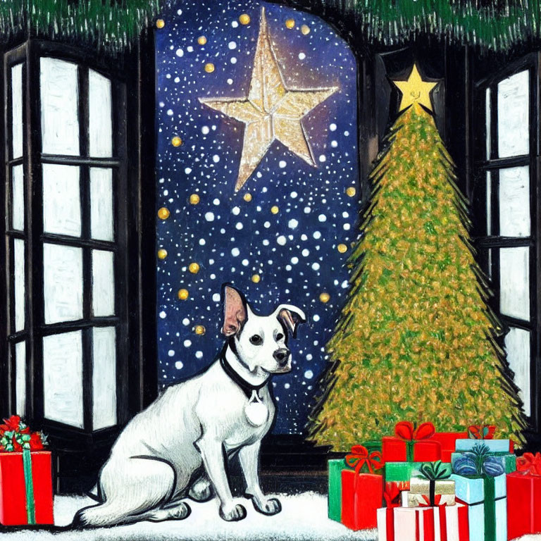 White Dog Sitting by Christmas Tree and Gifts in Snowy Night Scene