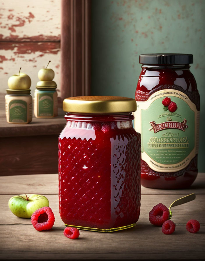 Raspberry jam jars with fruit on wooden table and green backdrop