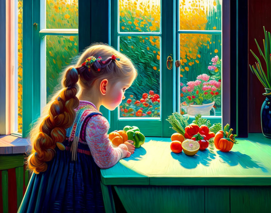 Young girl with long braid gazes out sunny kitchen window near fresh vegetables and bright flowers