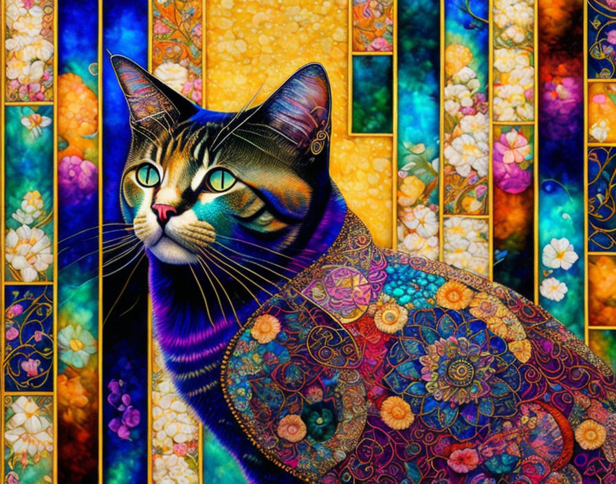 Colorful Cat Artwork with Intricate Patterns on Floral Background