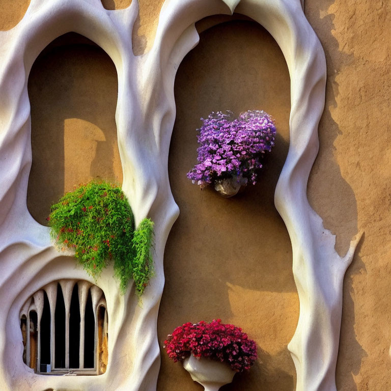 Detailed Close-Up of Ornate Building Facade with Whimsical Shapes and Colorful Flowers