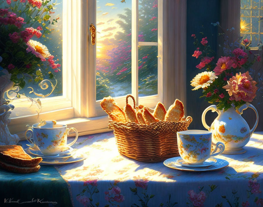 Sunny window scene with tea set and bread basket on floral tablecloth