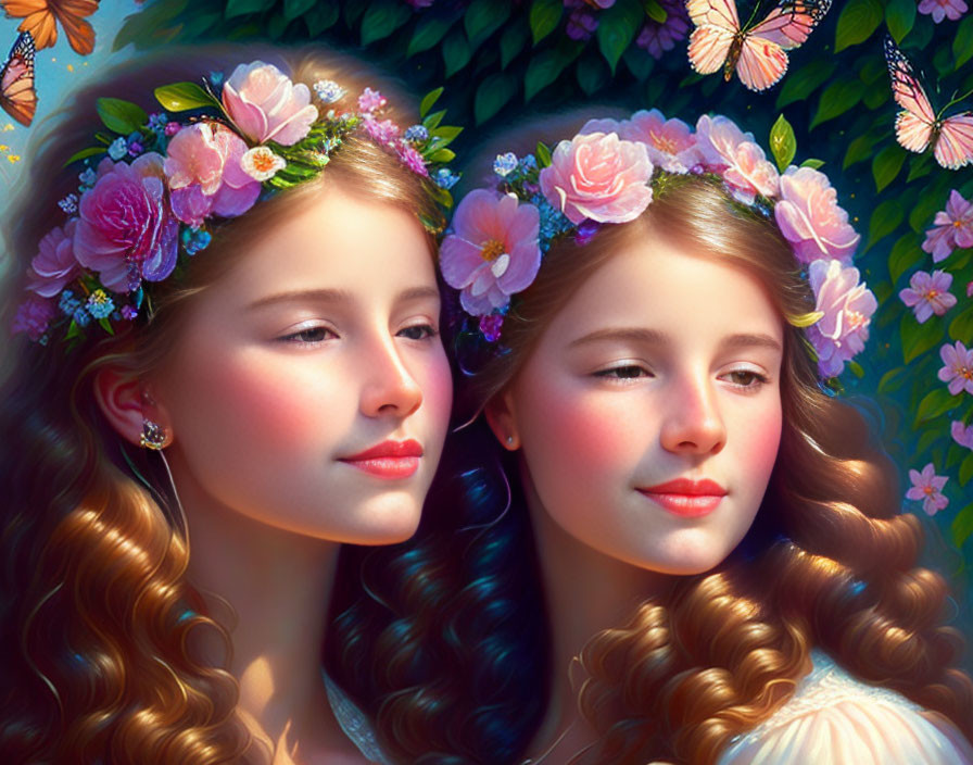 Two girls with flower crowns and butterflies in vibrant, colorful setting