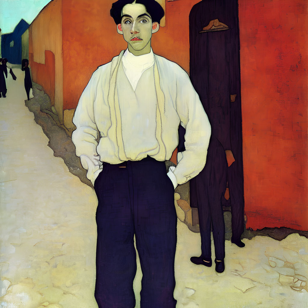 Colorful painting of man in white shirt on street with orange and blue walls.