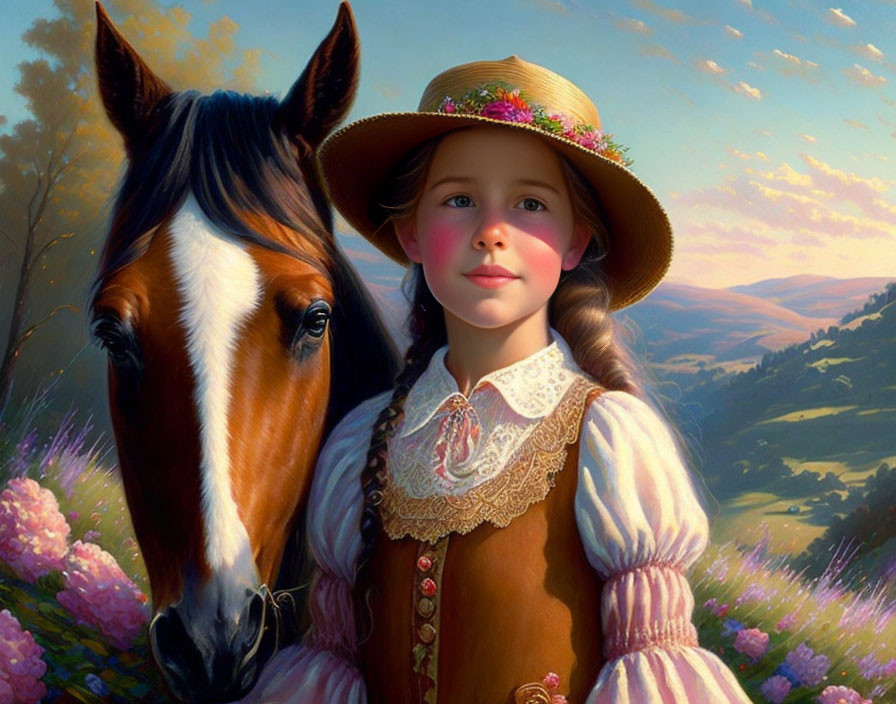 Young girl in vintage dress and floral hat with horse in scenic backdrop.