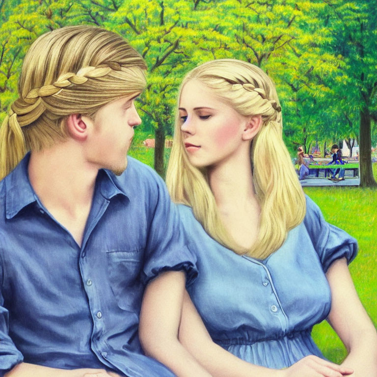 Two individuals with braided hair in blue shirts sitting in a park with green trees and people in the