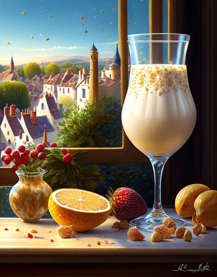 Still life with milk, cereal, fruits, nuts, and jam on windowsill.