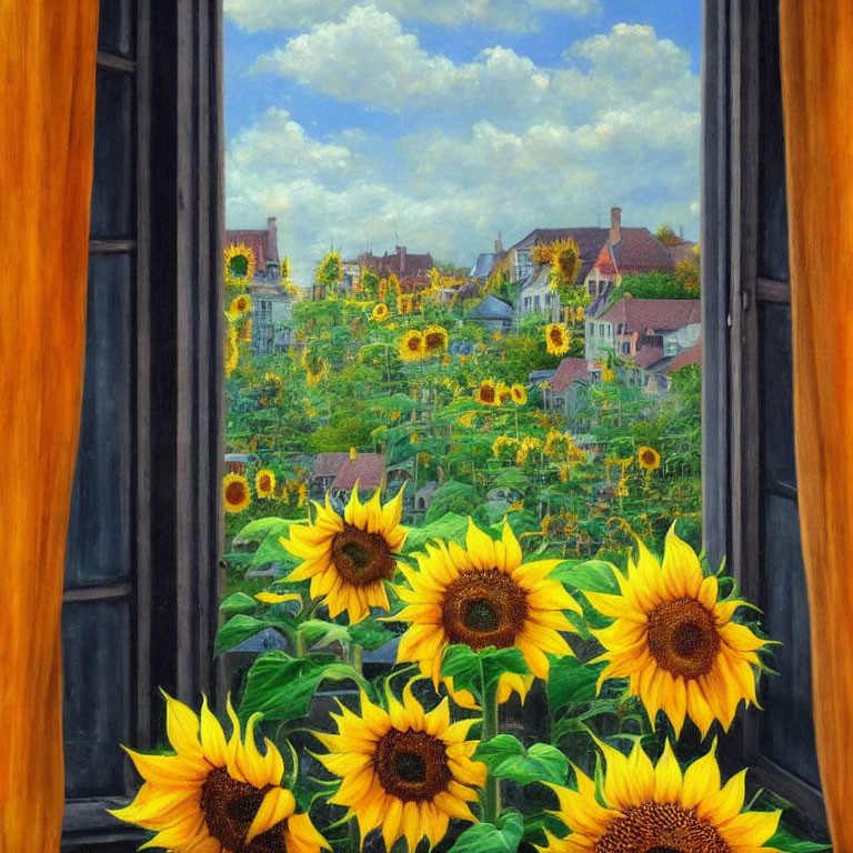 Colorful sunflowers painting with houses and cloudy sky view.