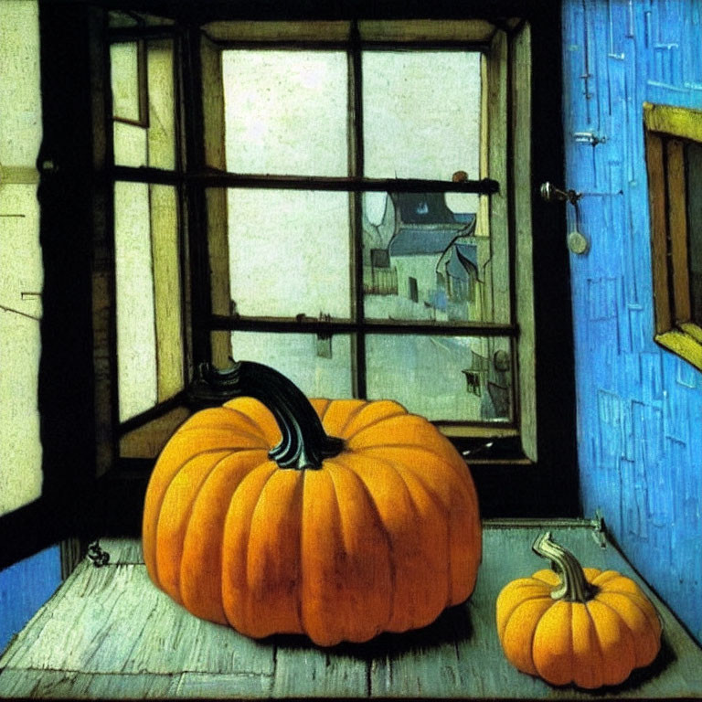 Still life painting: pumpkins on wooden table near window with city view and blue door