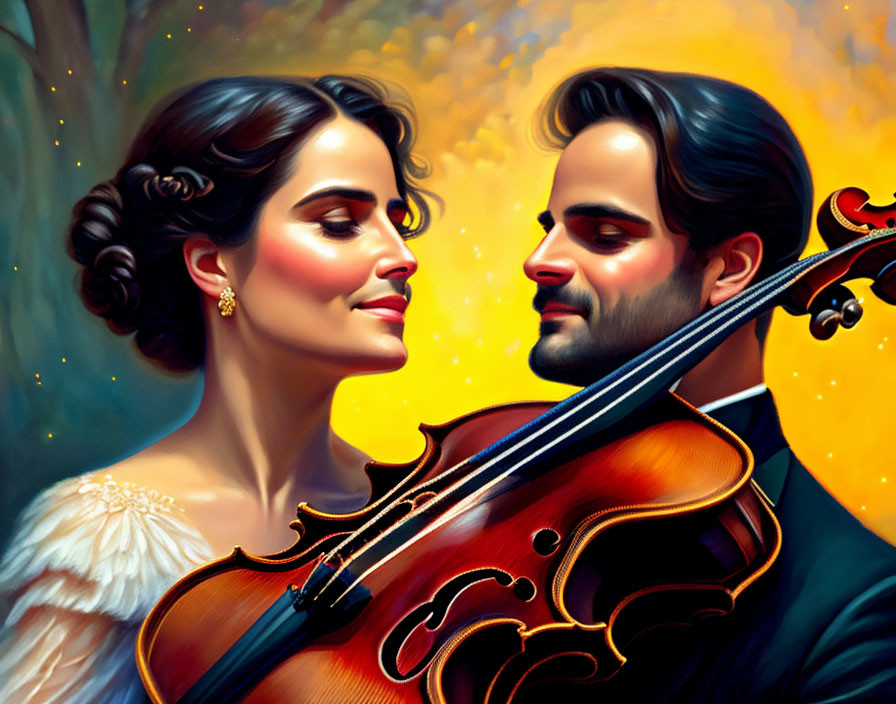 Vintage Couple Embracing with Violin in Romantic Scene