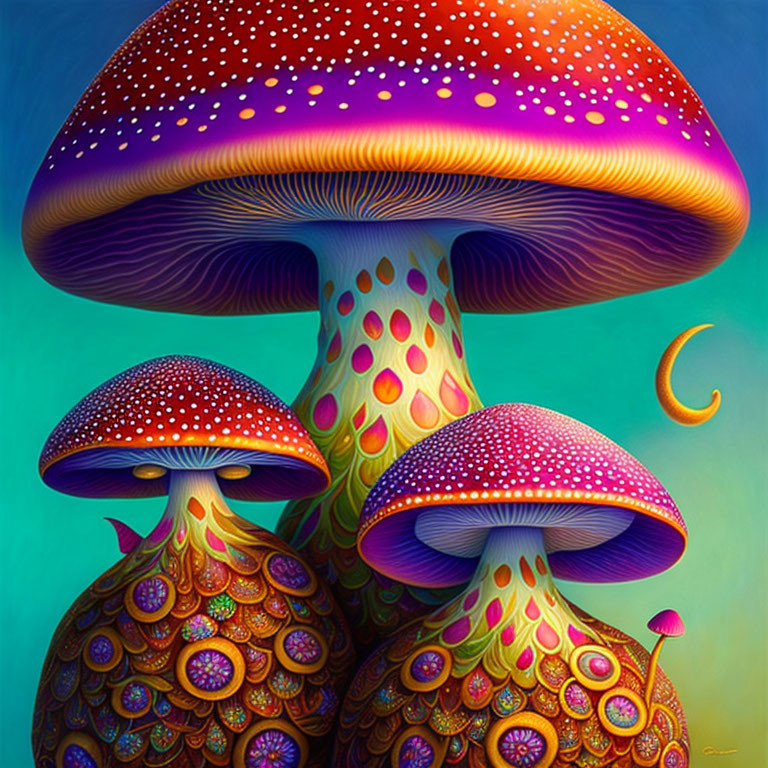 Vibrant stylized mushrooms under twilight sky crescent moon