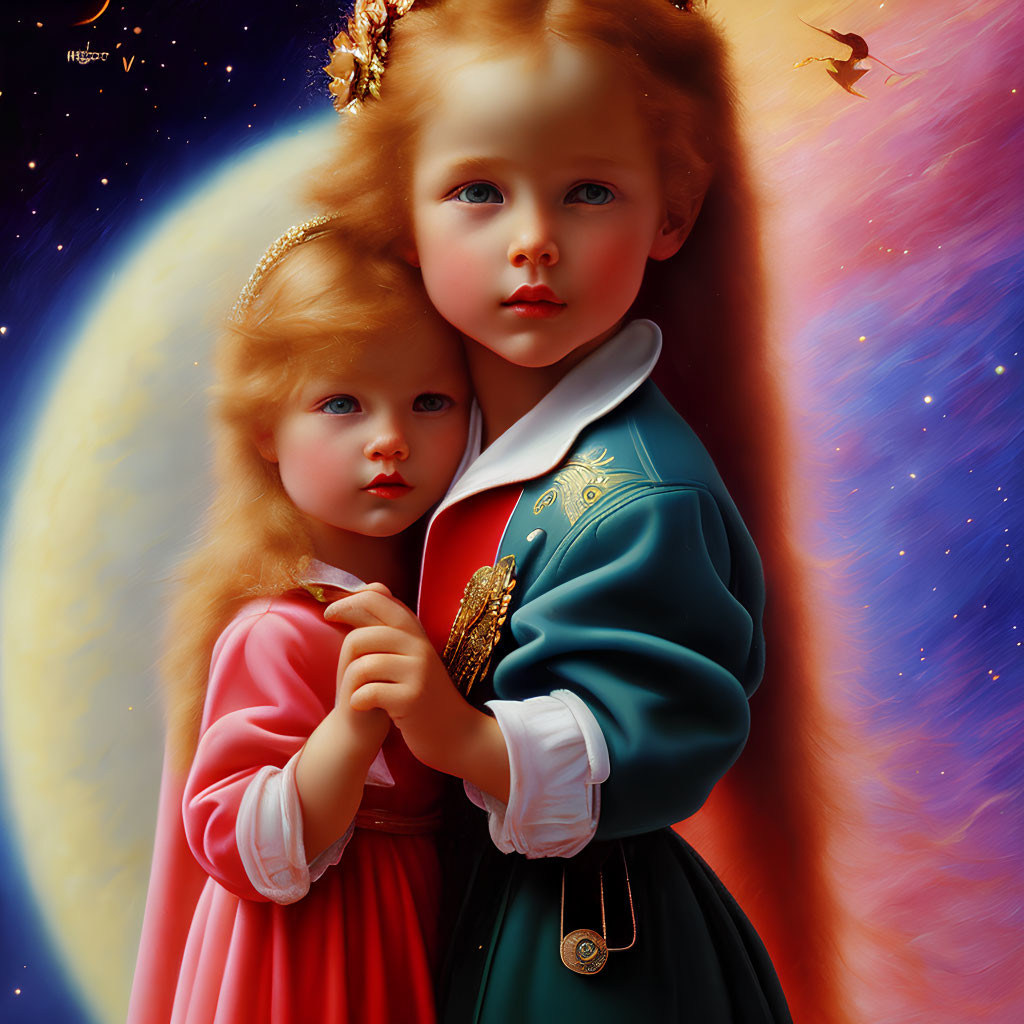 Stylized hyper-realistic children with striking eyes against celestial backdrop