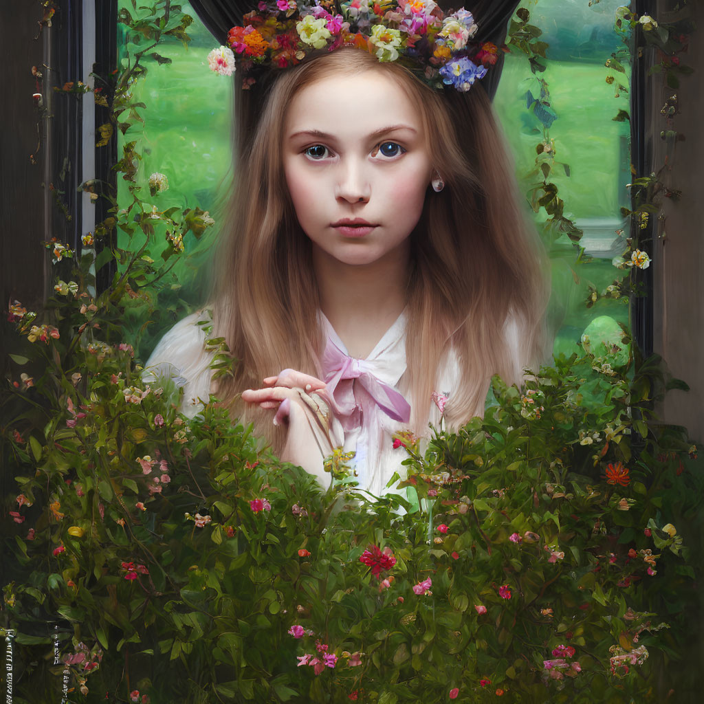 Young girl wearing floral crown and bow tie, surrounded by lush greenery and colorful flowers.