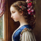 Young woman with flower-adorned braid in blue dress looking out window